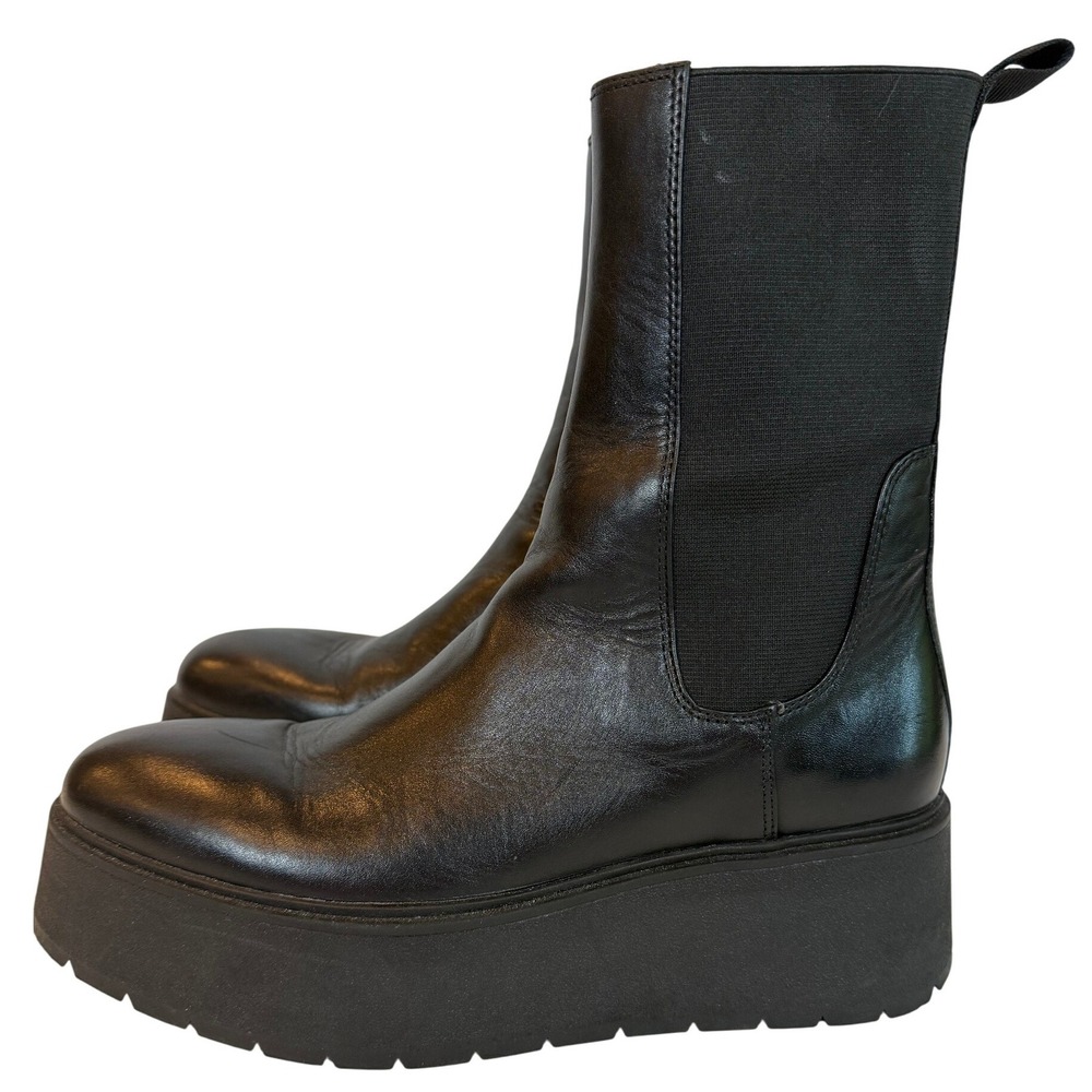 Zara Black Leather Platform Chelsea Boots Chunky Lug Sole Mid Calf EU 399 - Picture 1 of 9